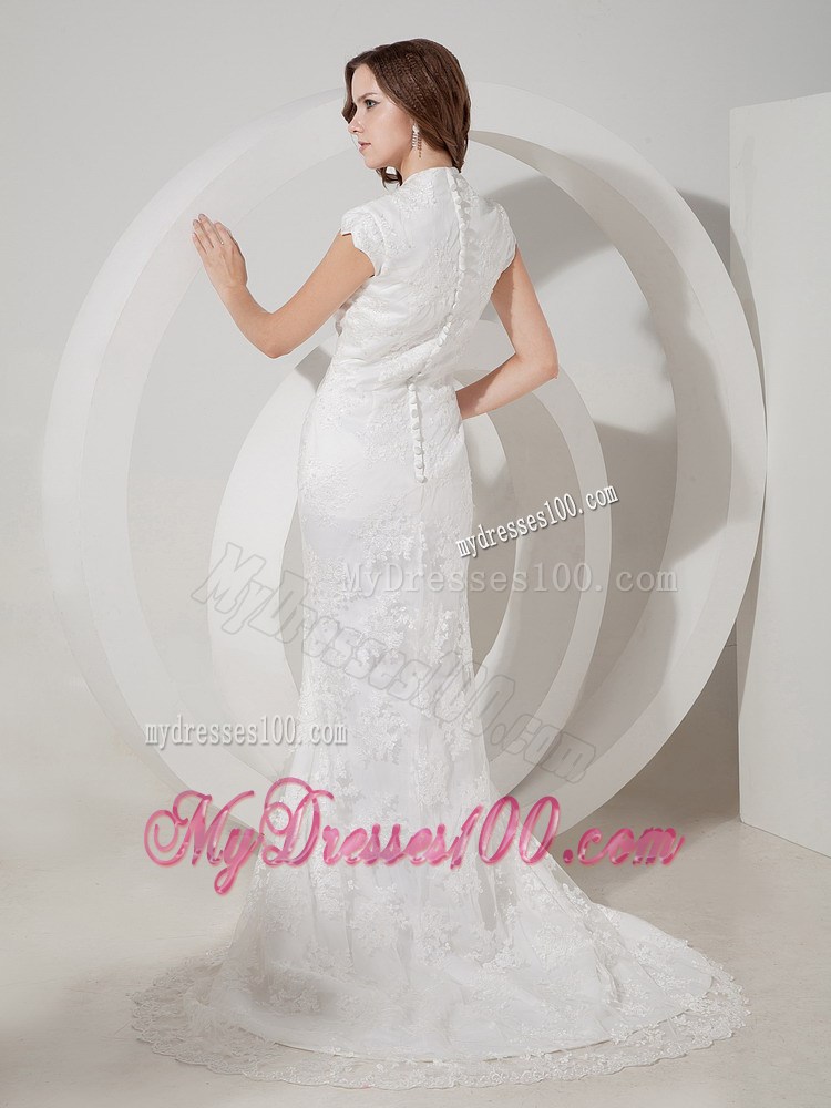 U-neck Button Down Back Appliques Dress for Wedding with Lace Hemline