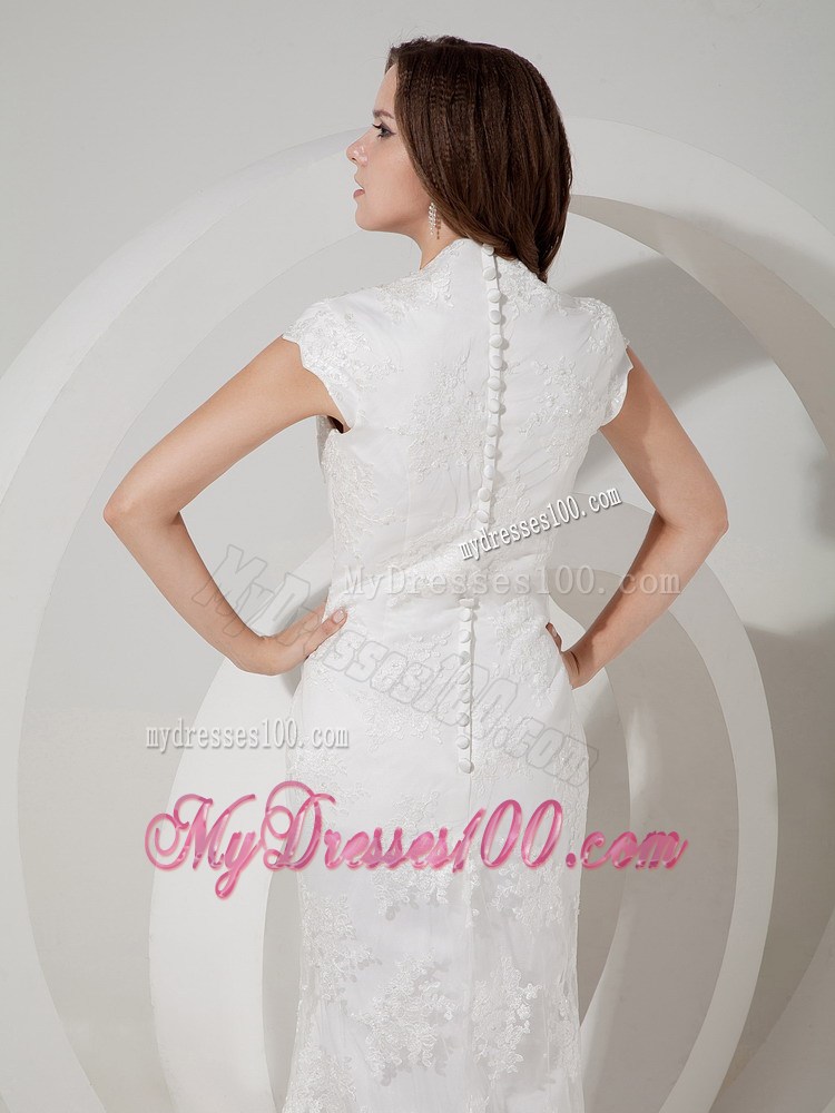 U-neck Button Down Back Appliques Dress for Wedding with Lace Hemline