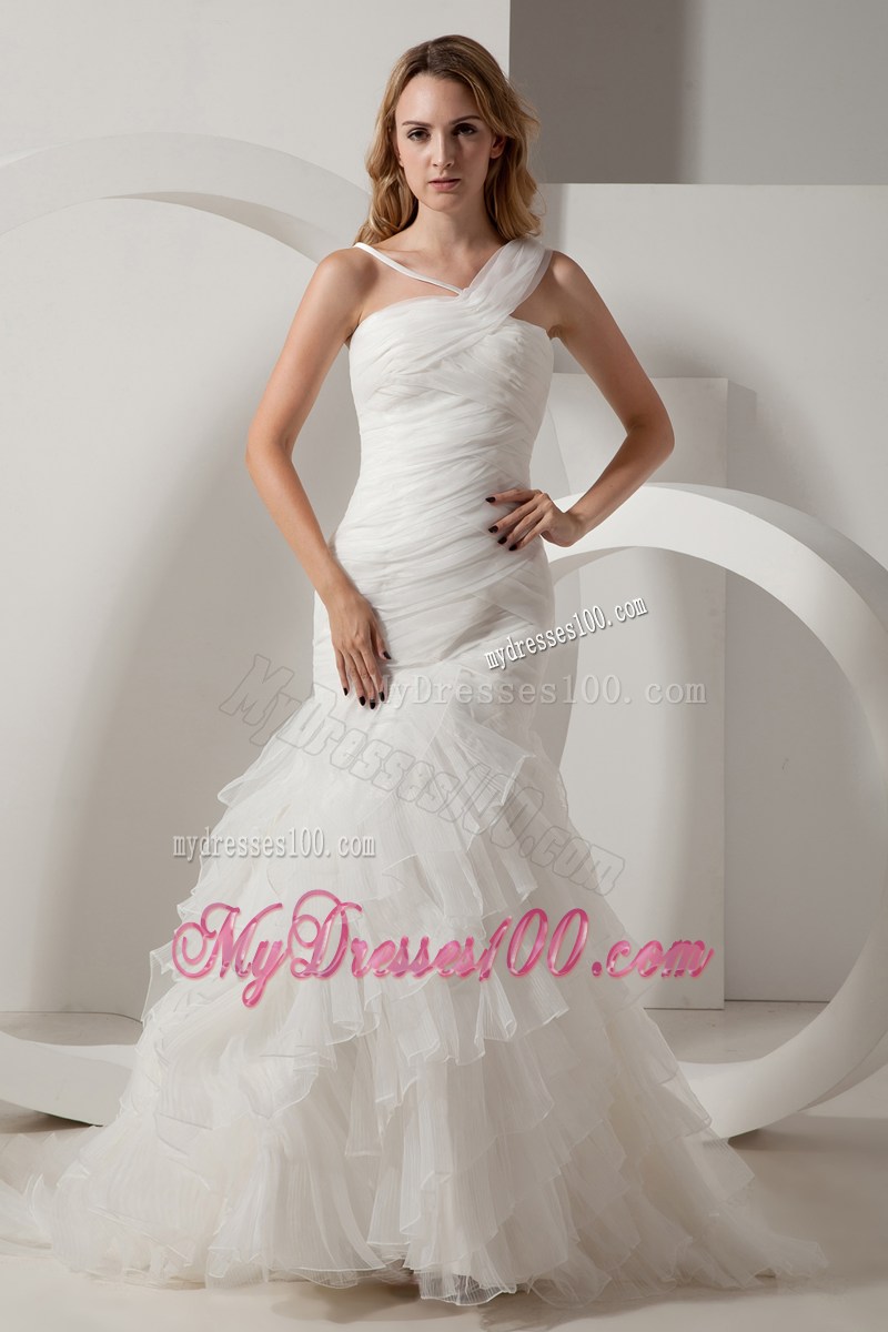 Asymmetrical Mermaid Court Train Ruffles Layered Wedding Dress