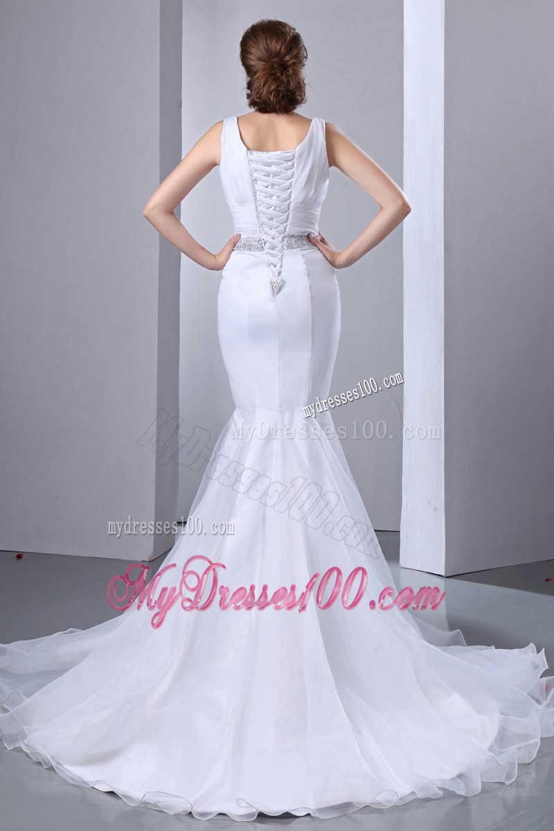 V-neck Mermaid Court Train Bridal Dress in White with Silver Bowknot