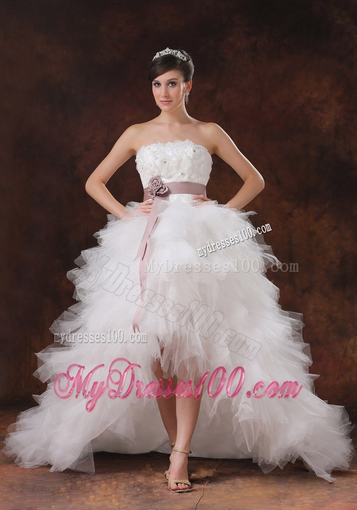 Hi-lo Court Train Ruffled Layers Bridal Dresses with Handle Flowers Sash