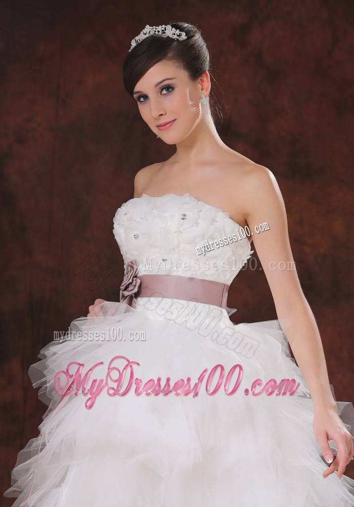 Hi-lo Court Train Ruffled Layers Bridal Dresses with Handle Flowers Sash