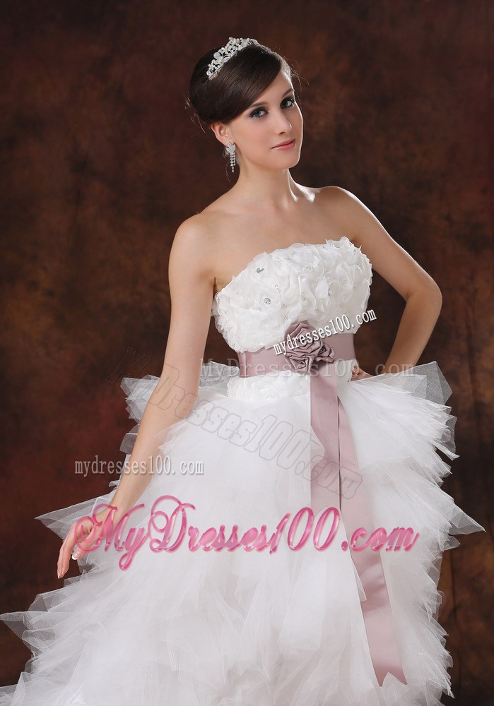 Hi-lo Court Train Ruffled Layers Bridal Dresses with Handle Flowers Sash