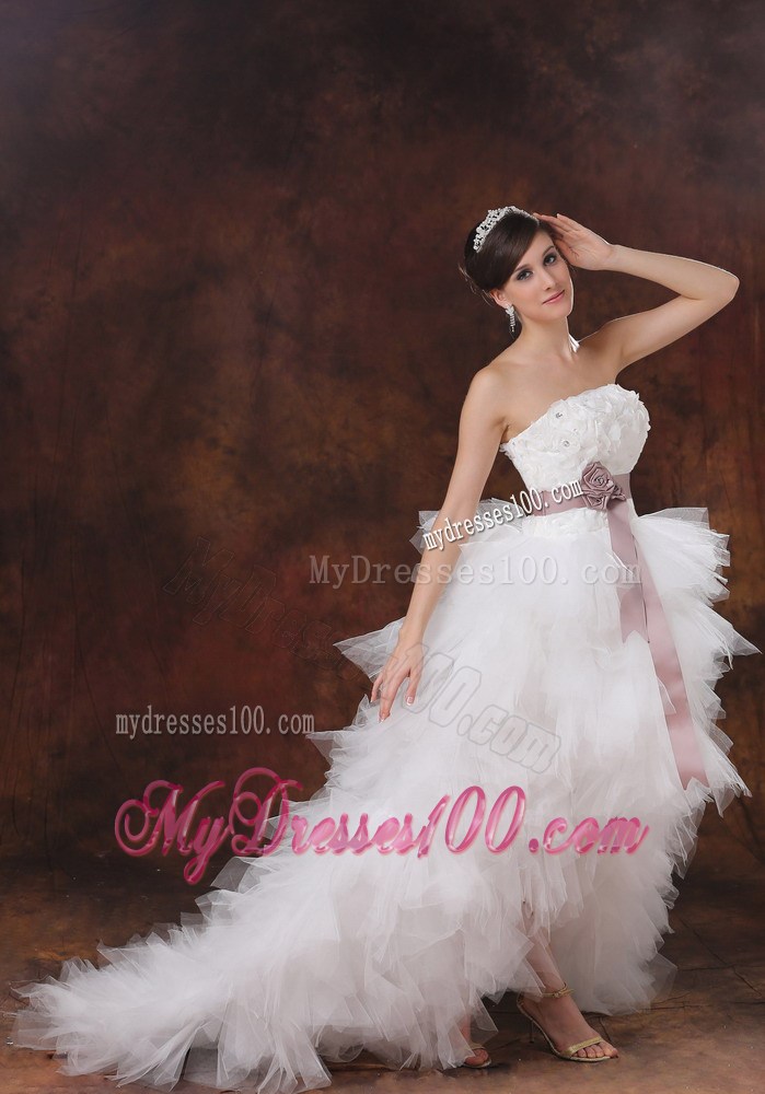 Hi-lo Court Train Ruffled Layers Bridal Dresses with Handle Flowers Sash