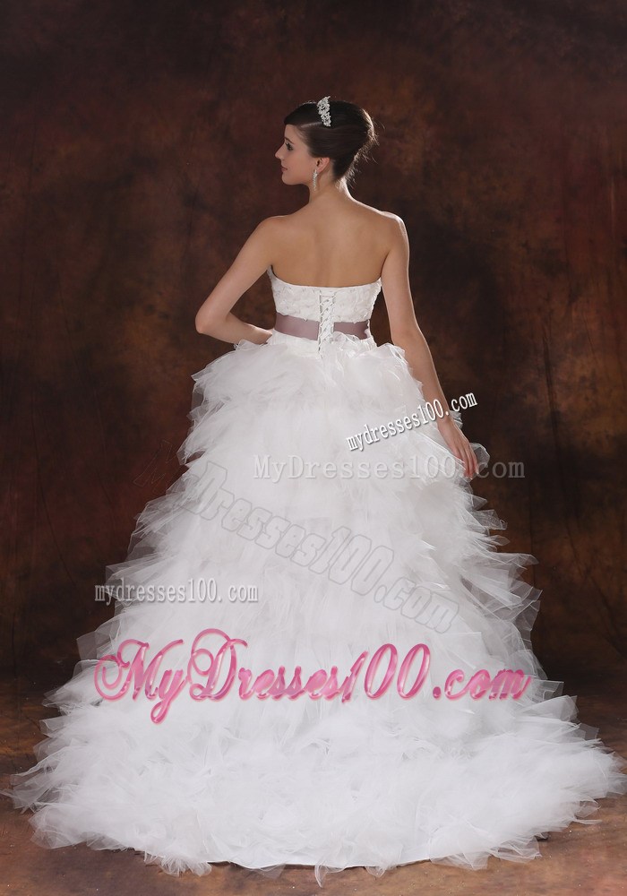 Hi-lo Court Train Ruffled Layers Bridal Dresses with Handle Flowers Sash
