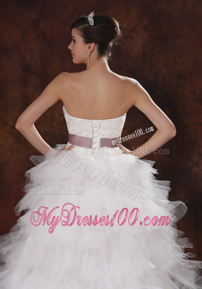 Hi-lo Court Train Ruffled Layers Bridal Dresses with Handle Flowers Sash
