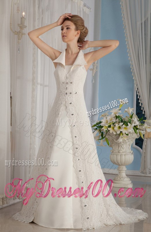 Formal V-Neck Court Train Lace Wedding Dress with Beading