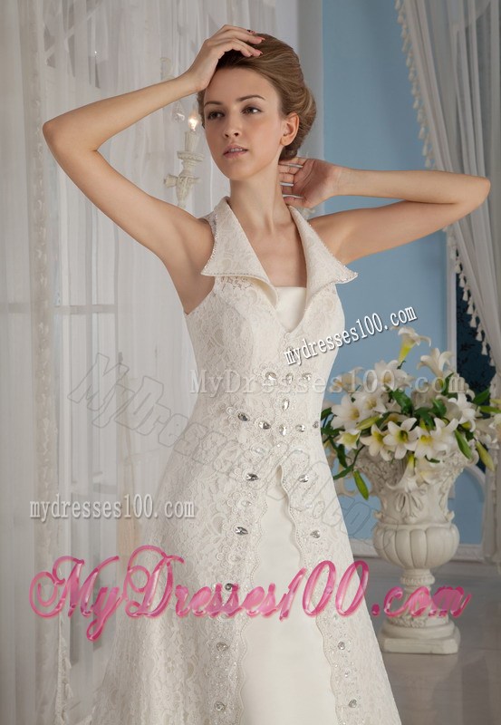 Formal V-Neck Court Train Lace Wedding Dress with Beading