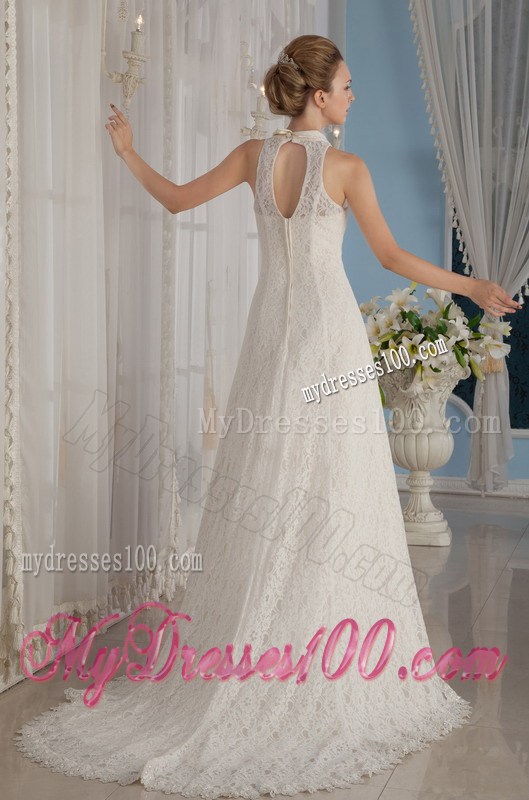 Formal V-Neck Court Train Lace Wedding Dress with Beading