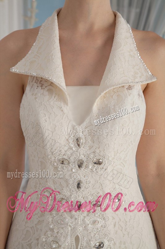 Formal V-Neck Court Train Lace Wedding Dress with Beading