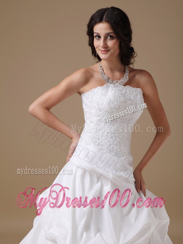 Diamonds and Appliques Decorated Wedding Gown with Pick-ups Brush Train