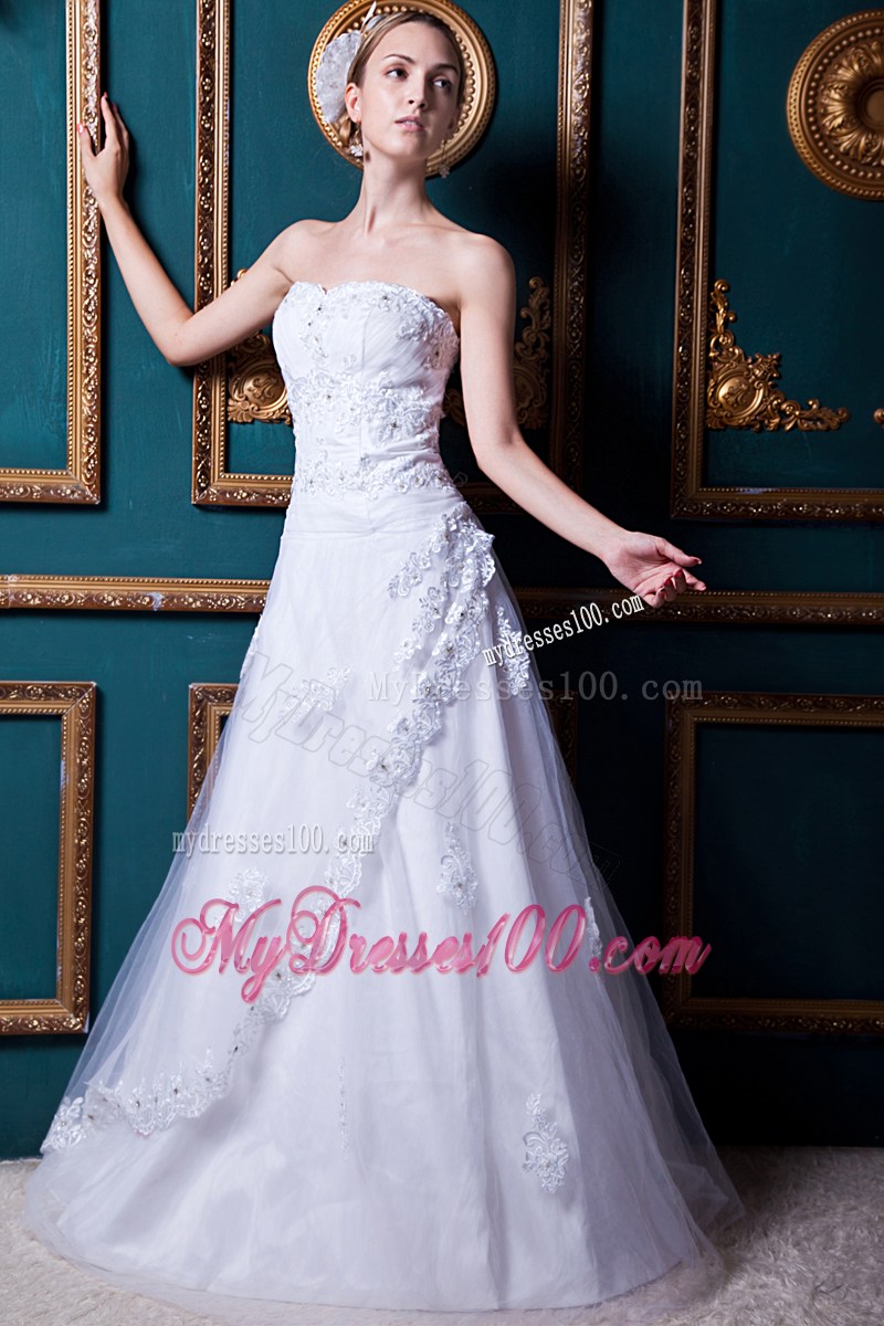 Beading Strapless Wedding Dresses Decorated by Floral Appliques