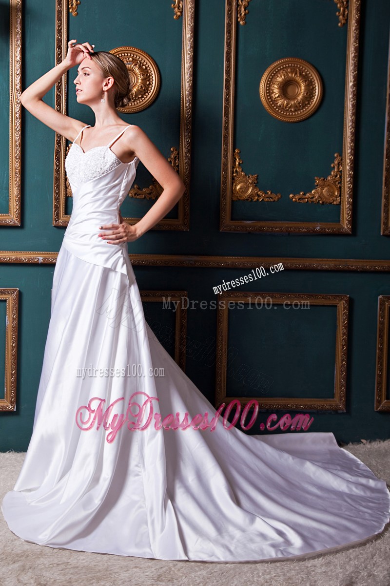 Spaghetti Straps Ruching and Appliques Chapel Train Wedding Dress