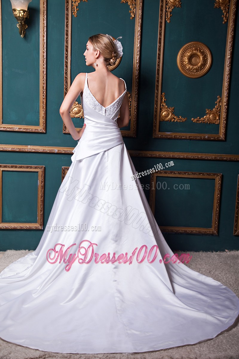 Spaghetti Straps Ruching and Appliques Chapel Train Wedding Dress