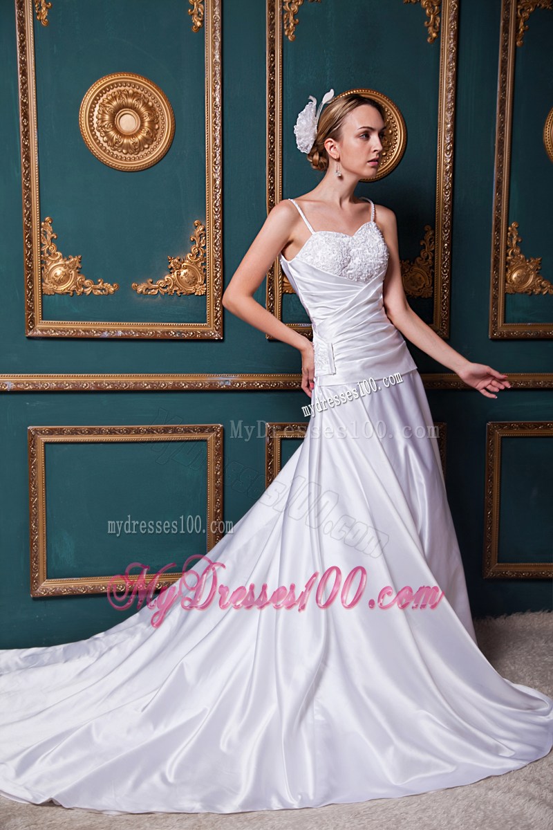 Spaghetti Straps Ruching and Appliques Chapel Train Wedding Dress