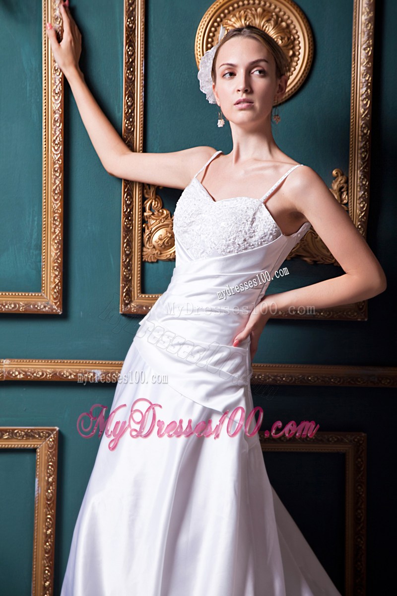 Spaghetti Straps Ruching and Appliques Chapel Train Wedding Dress