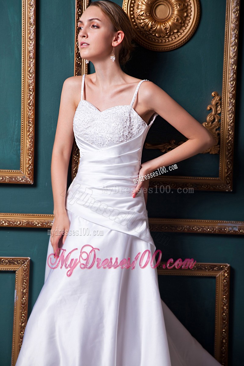 Spaghetti Straps Ruching and Appliques Chapel Train Wedding Dress