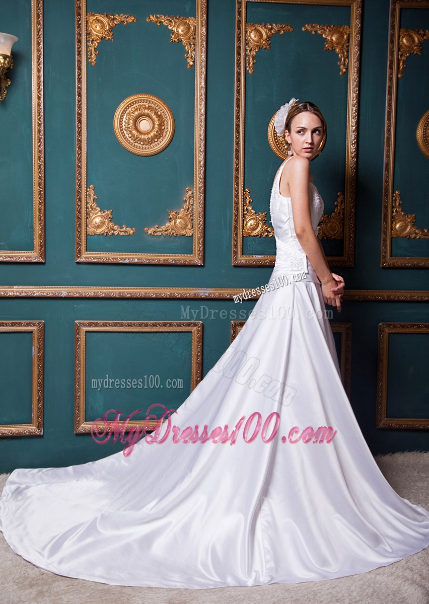 Spaghetti Straps Ruching and Appliques Chapel Train Wedding Dress