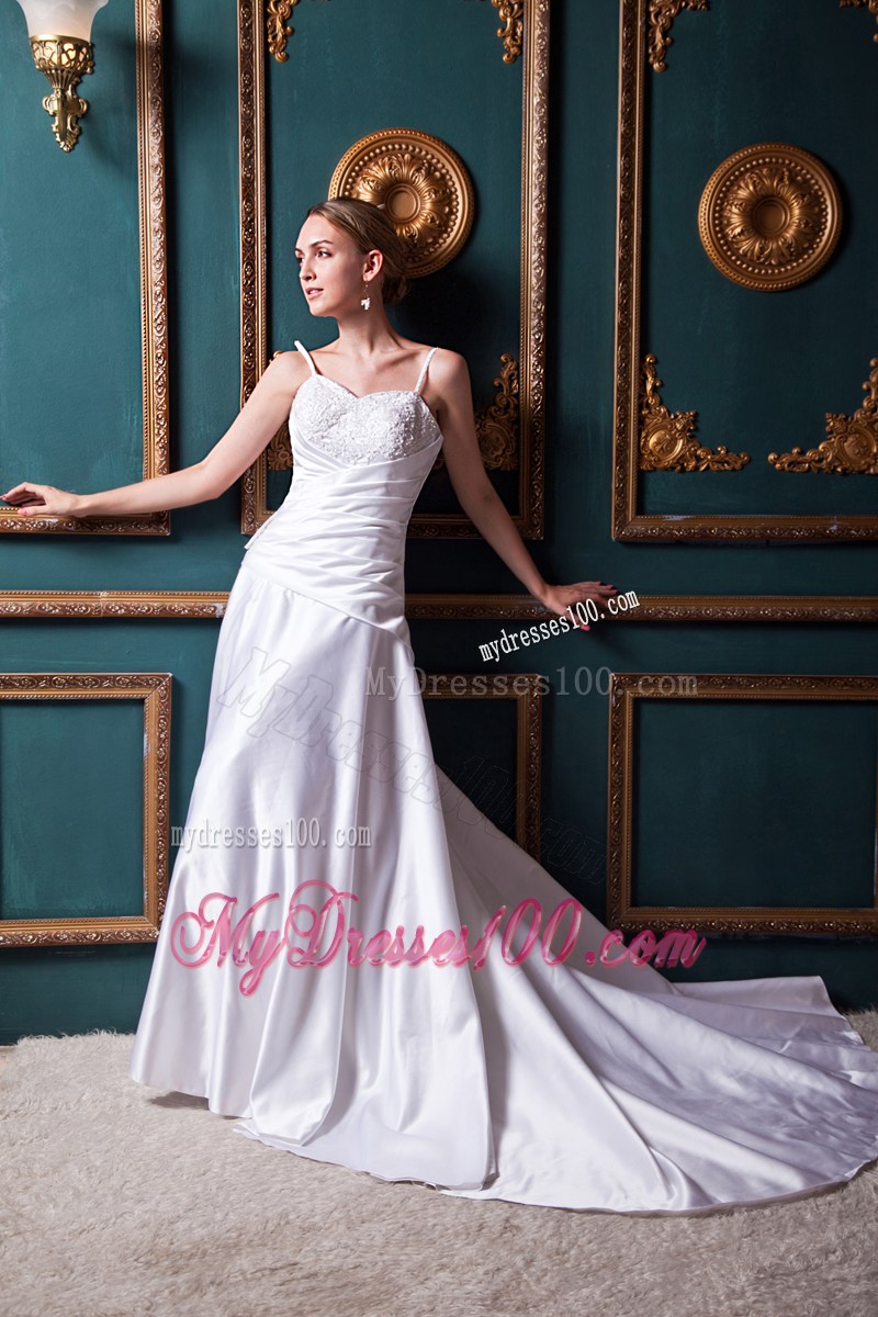 Spaghetti Straps Ruching and Appliques Chapel Train Wedding Dress