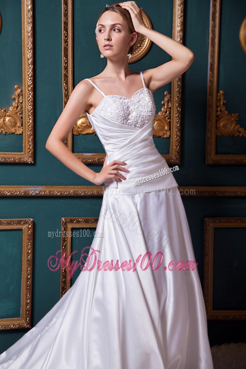 Spaghetti Straps Ruching and Appliques Chapel Train Wedding Dress
