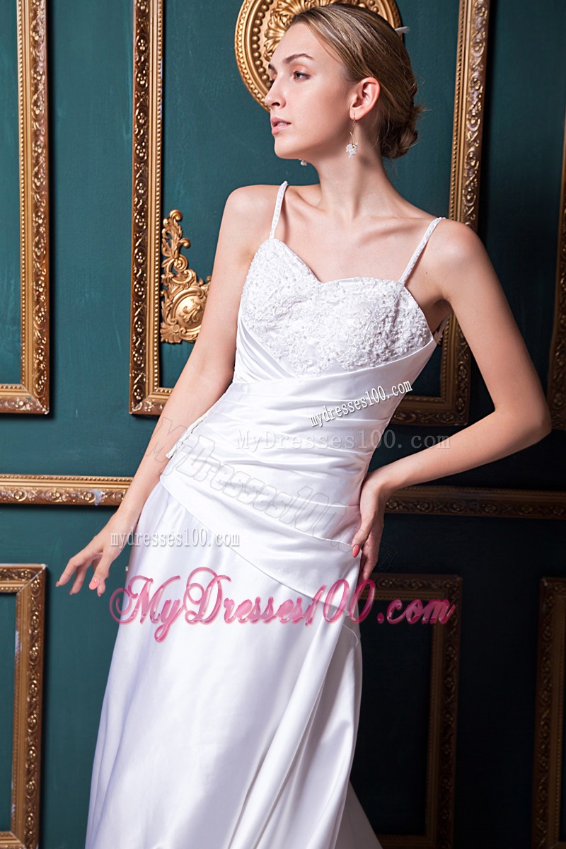Spaghetti Straps Ruching and Appliques Chapel Train Wedding Dress