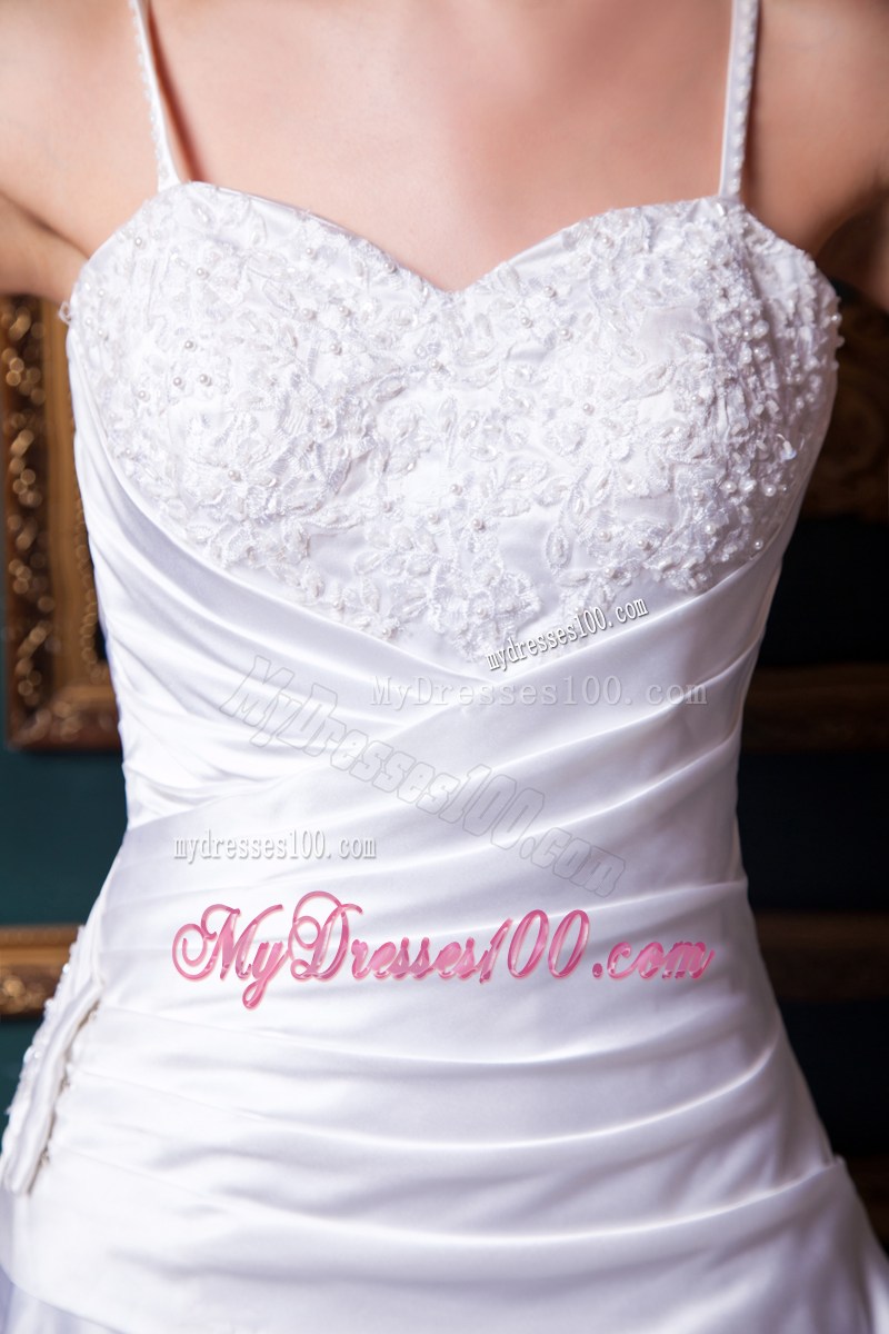 Spaghetti Straps Ruching and Appliques Chapel Train Wedding Dress
