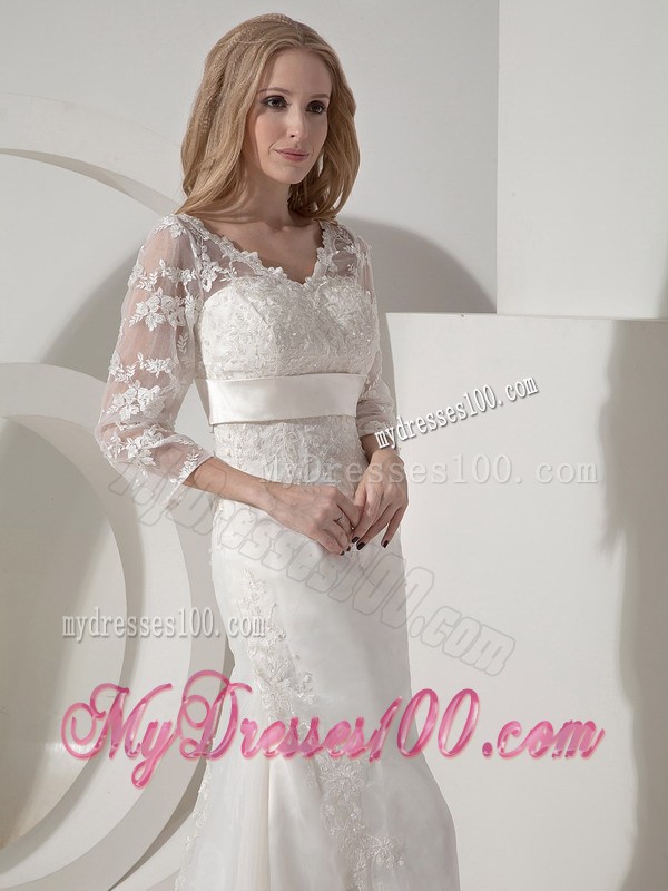 Transparent Lace 3 4 Sleeves Brush Train Bridal Gowns with Satin Sash