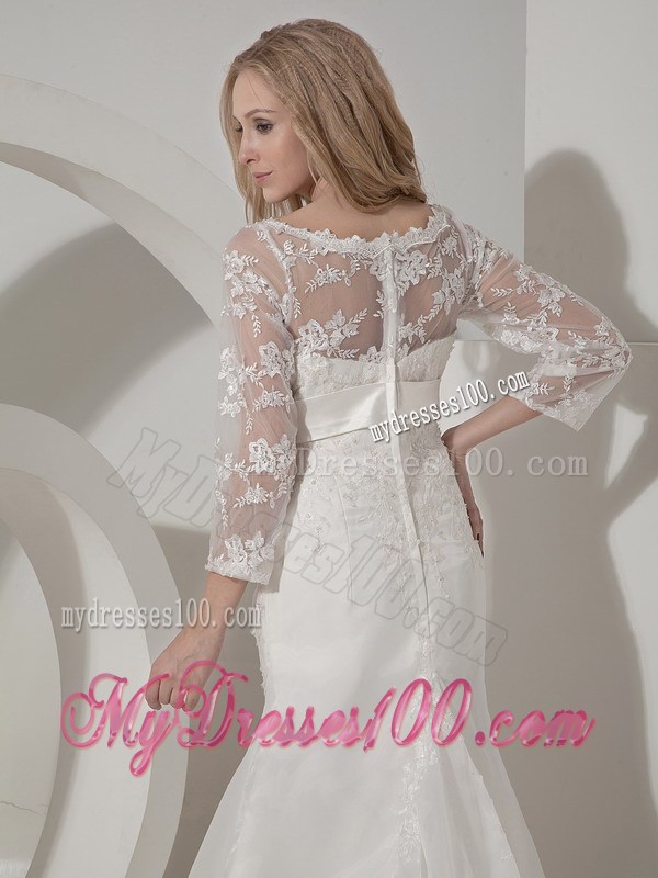 Transparent Lace 3 4 Sleeves Brush Train Bridal Gowns with Satin Sash