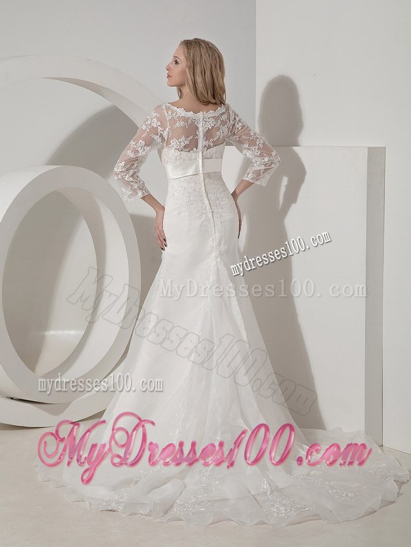 Transparent Lace 3 4 Sleeves Brush Train Bridal Gowns with Satin Sash