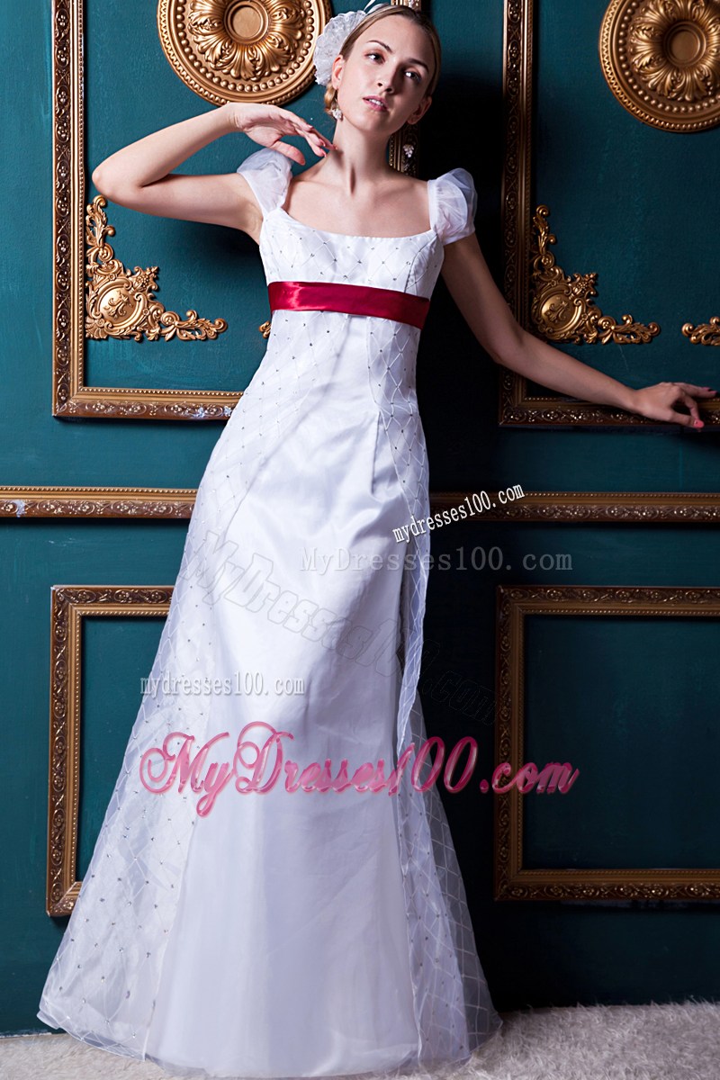 Cap Sleeves Bridal Gown in White with Red Satin Sash For Woman