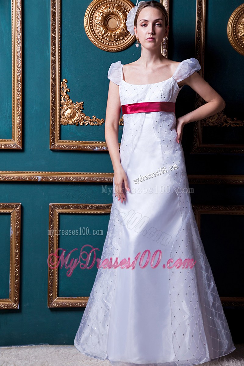 Cap Sleeves Bridal Gown in White with Red Satin Sash For Woman