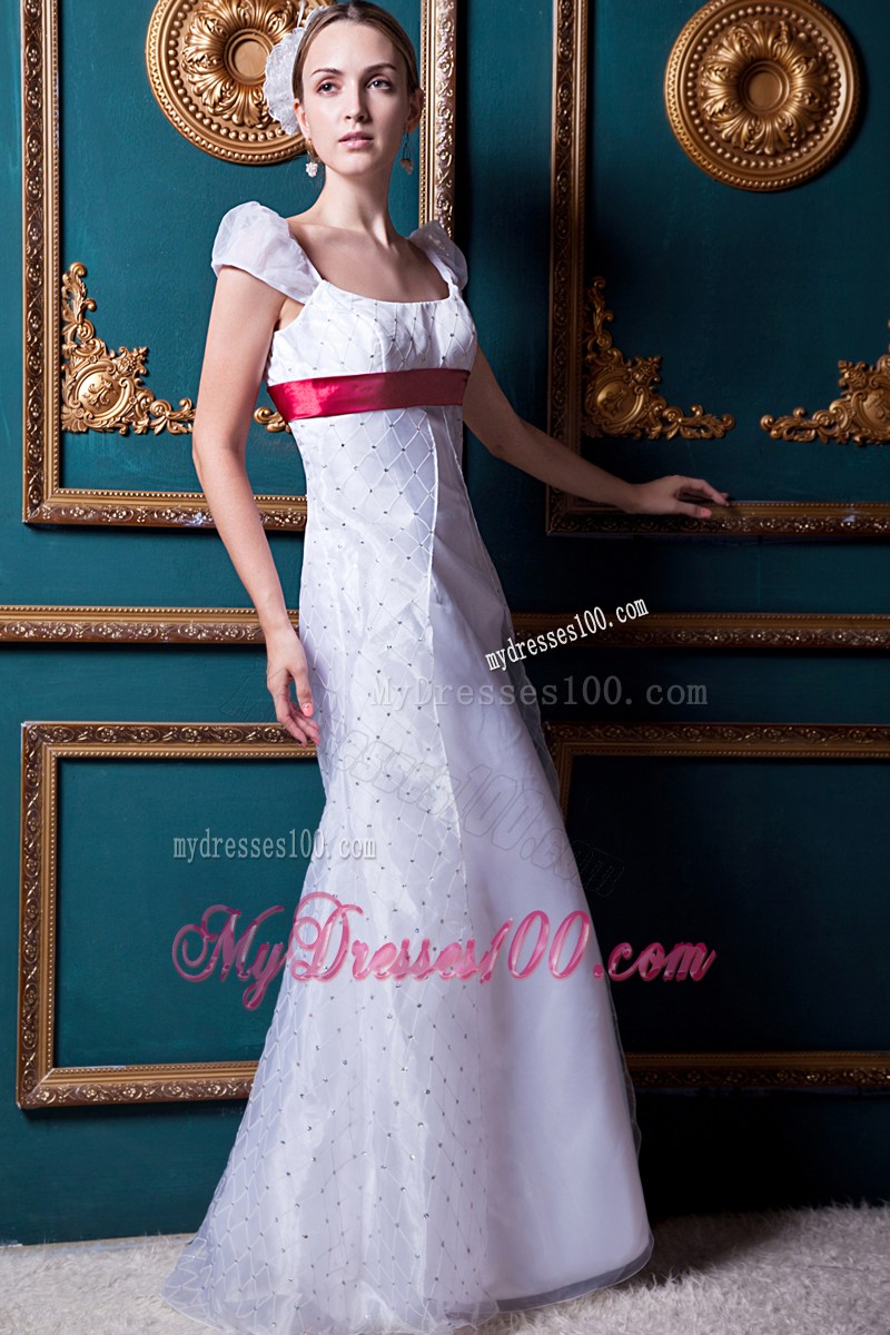 Cap Sleeves Bridal Gown in White with Red Satin Sash For Woman