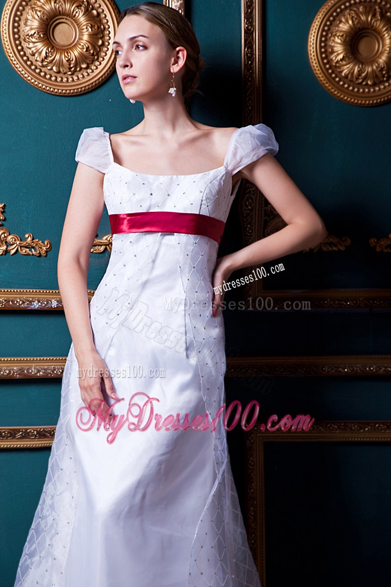Cap Sleeves Bridal Gown in White with Red Satin Sash For Woman
