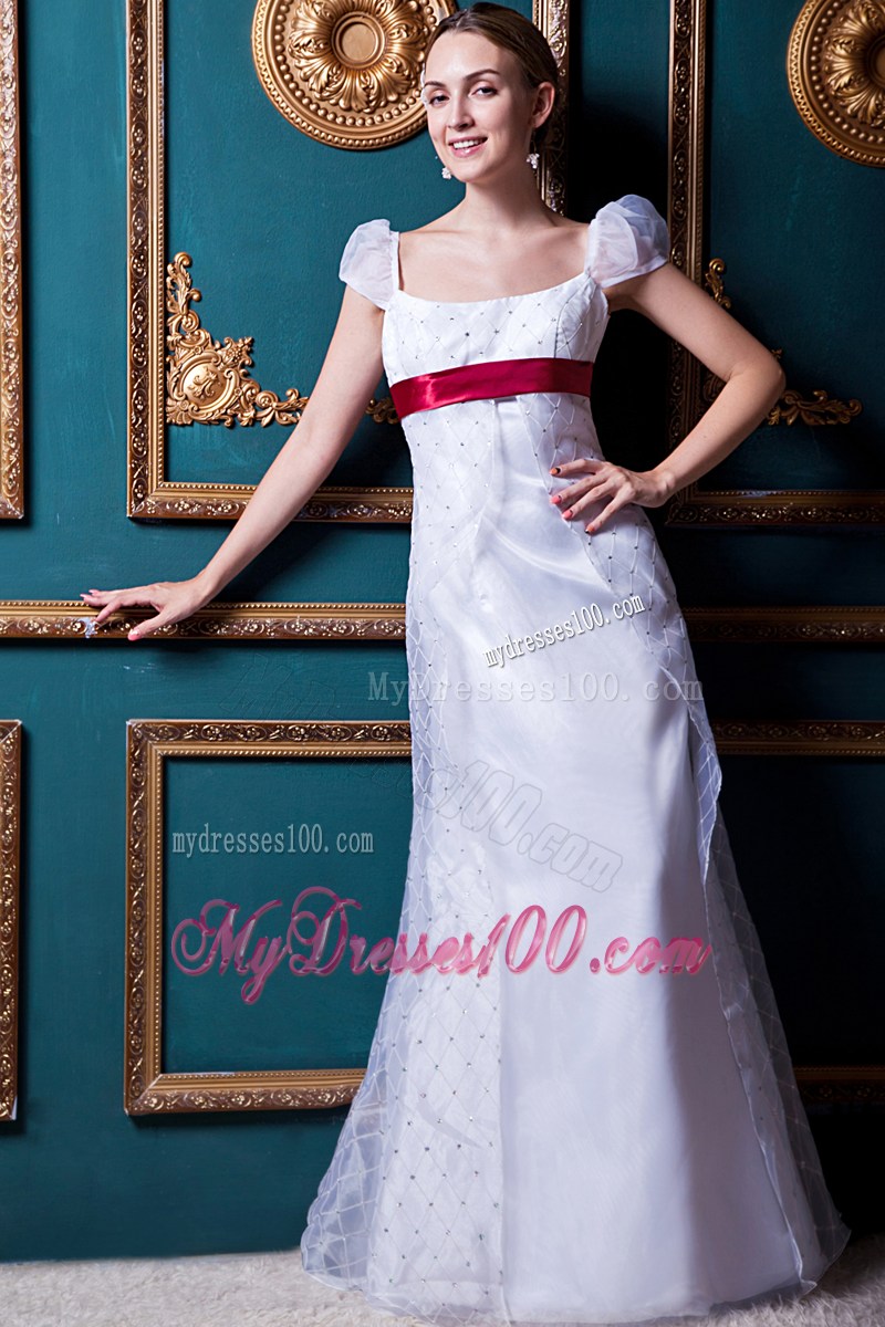Cap Sleeves Bridal Gown in White with Red Satin Sash For Woman