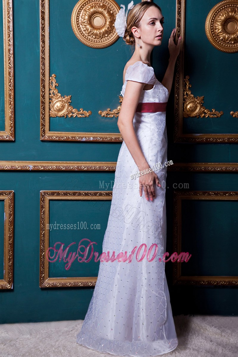 Cap Sleeves Bridal Gown in White with Red Satin Sash For Woman