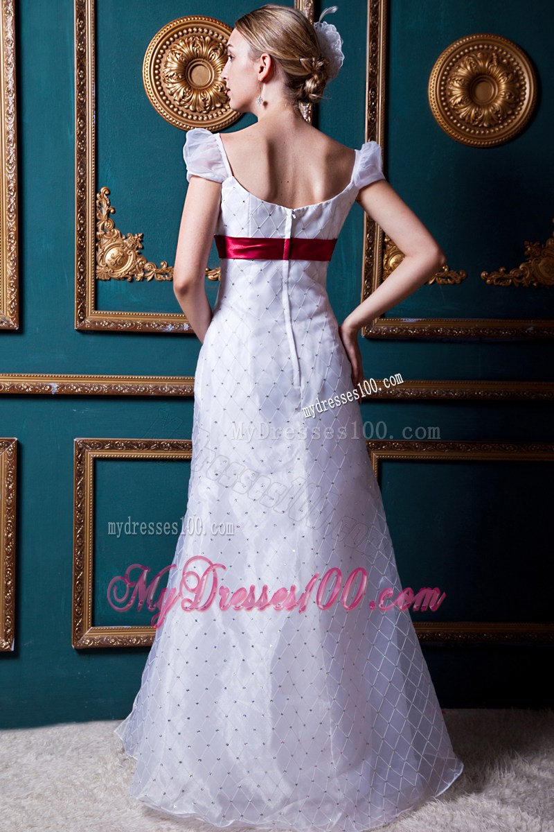 Cap Sleeves Bridal Gown in White with Red Satin Sash For Woman