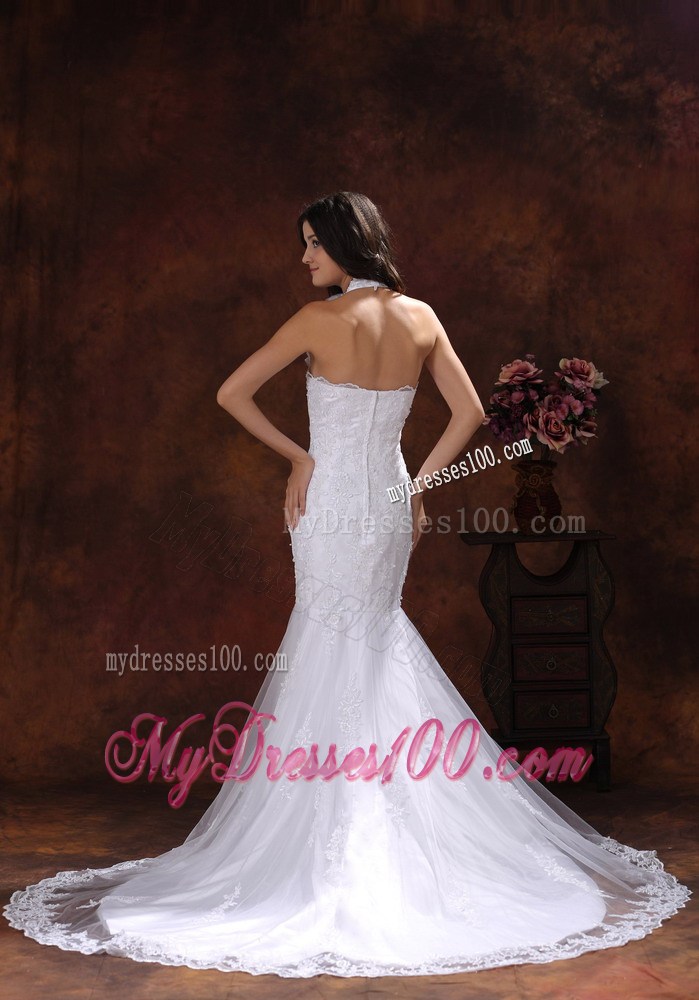 Hand Made Flowers Halter Top Court Train Bridal Dresses with Embroideries