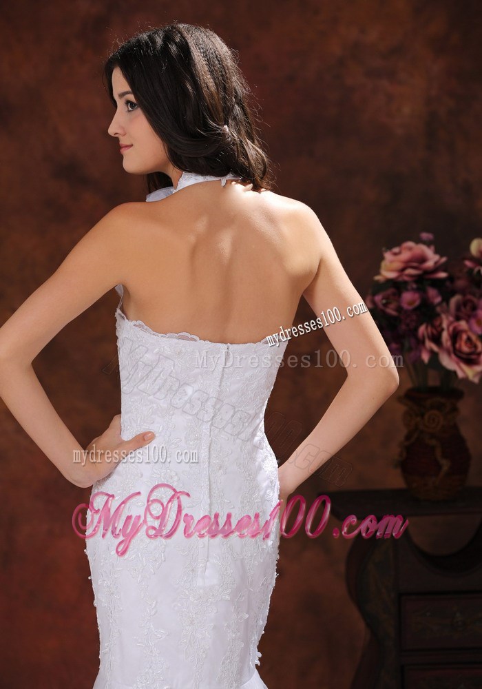 Hand Made Flowers Halter Top Court Train Bridal Dresses with Embroideries