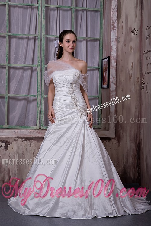 Strapless Appliques Ruches Brush Train Lace-up Wedding Dresses