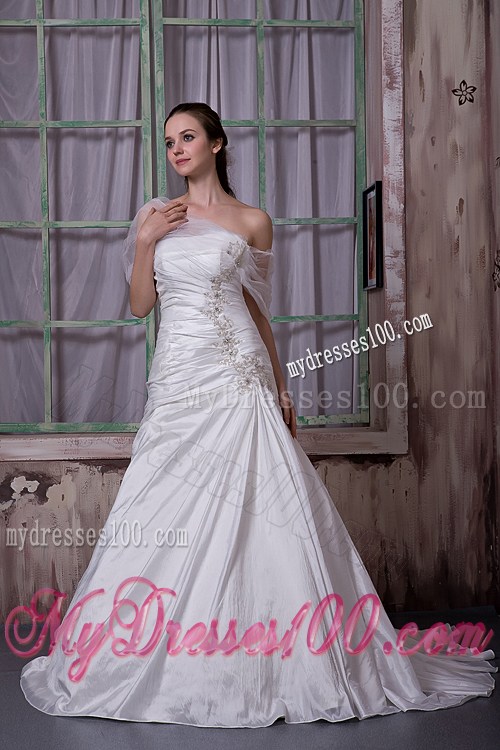 Strapless Appliques Ruches Brush Train Lace-up Wedding Dresses