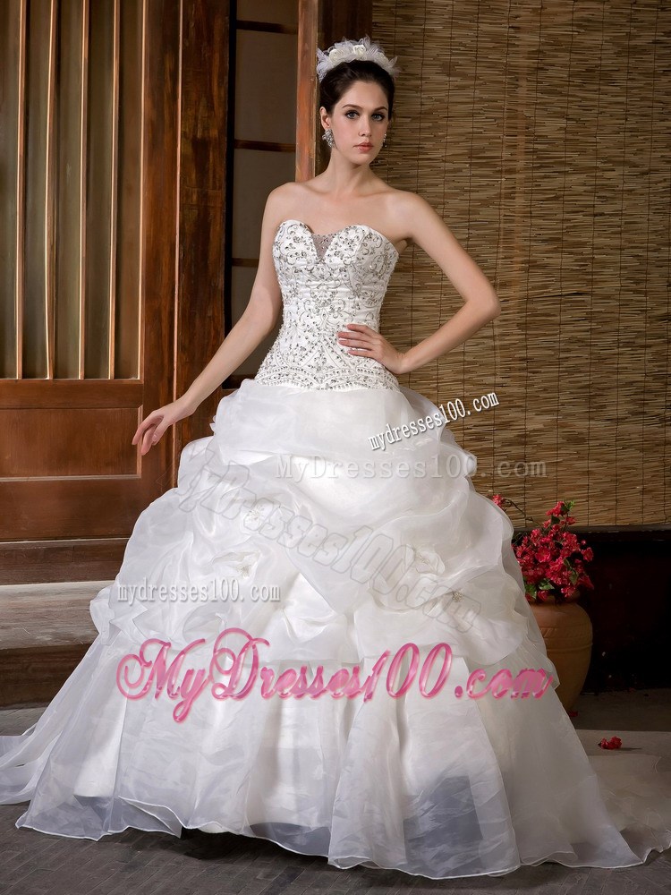 Latest Beaded Strapless Ruffles Sweep Train White Wedding Dress