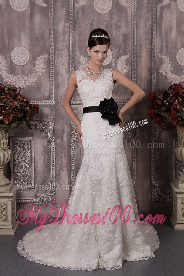 V-neck and V-back Lace Bridal Gown with Court Train and Black Sash