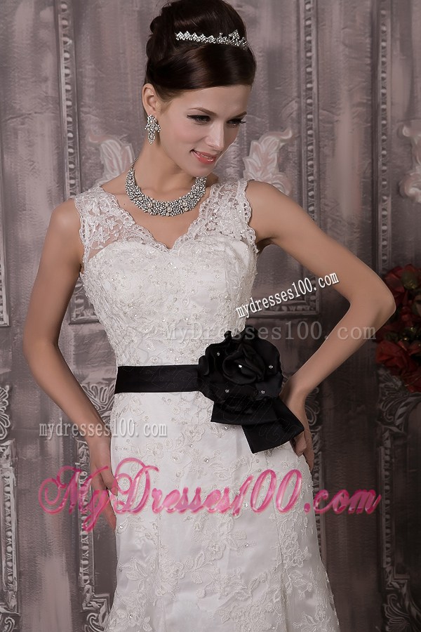 V-neck and V-back Lace Bridal Gown with Court Train and Black Sash