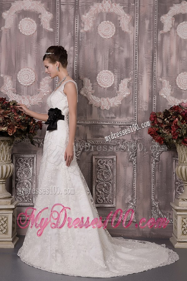 V-neck and V-back Lace Bridal Gown with Court Train and Black Sash