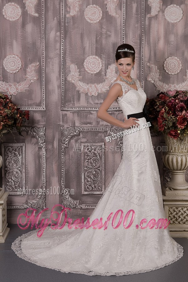 V-neck and V-back Lace Bridal Gown with Court Train and Black Sash