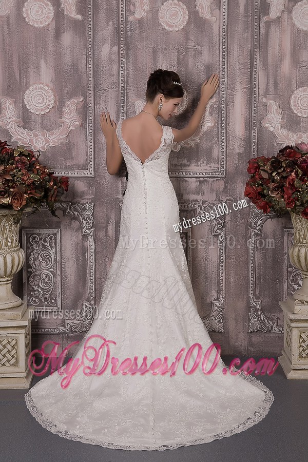 V-neck and V-back Lace Bridal Gown with Court Train and Black Sash