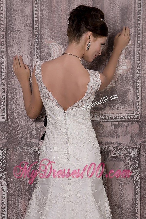 V-neck and V-back Lace Bridal Gown with Court Train and Black Sash
