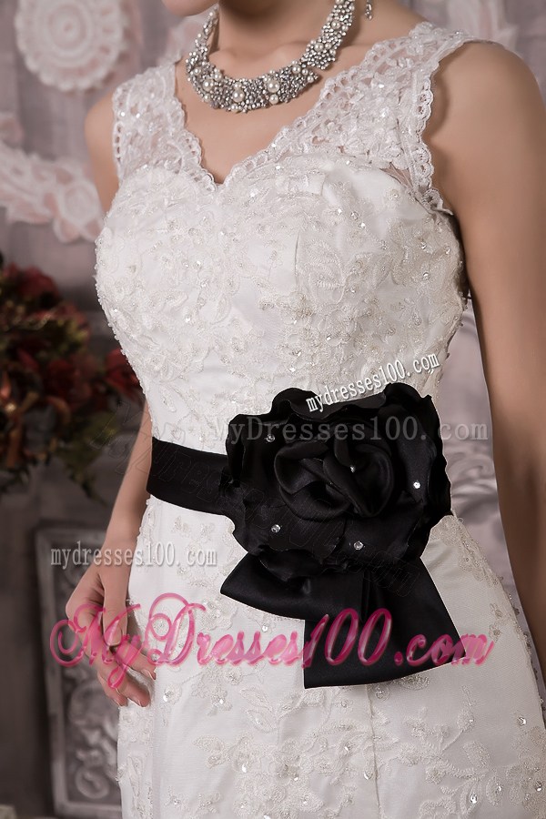 V-neck and V-back Lace Bridal Gown with Court Train and Black Sash