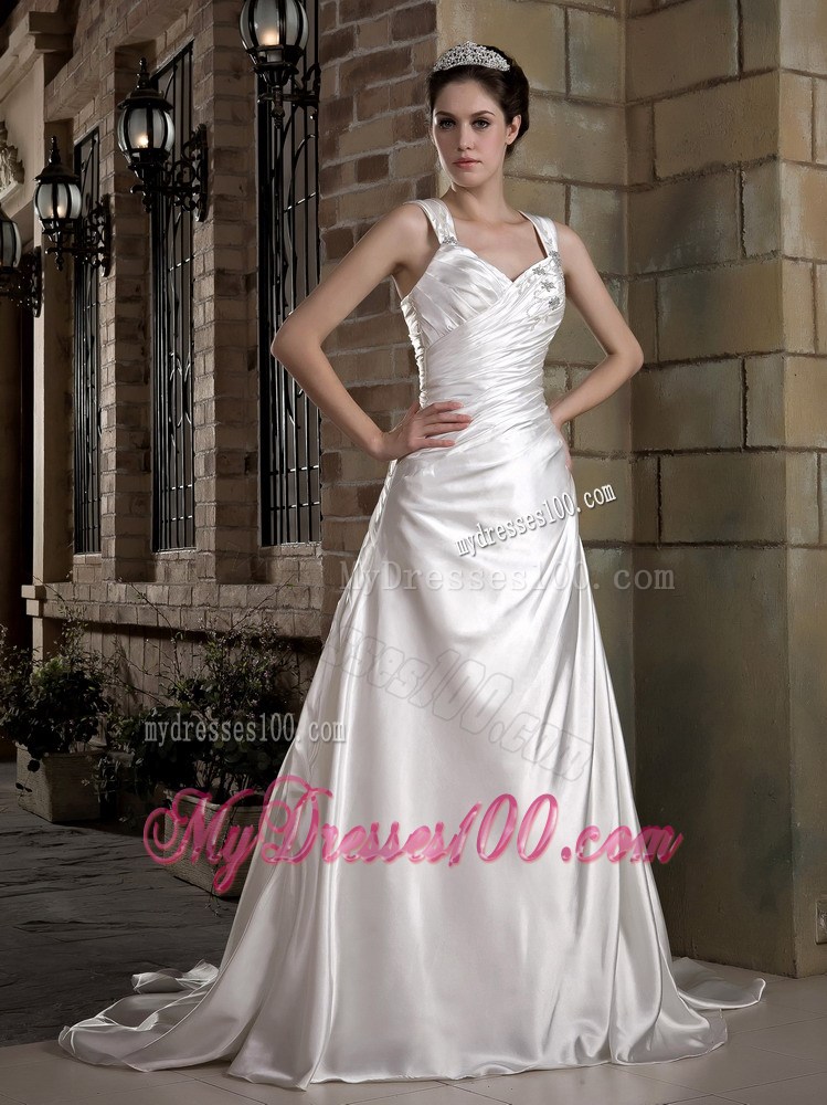 Straps Ruffles White Wedding Dress Chapel Train in the Mainstream