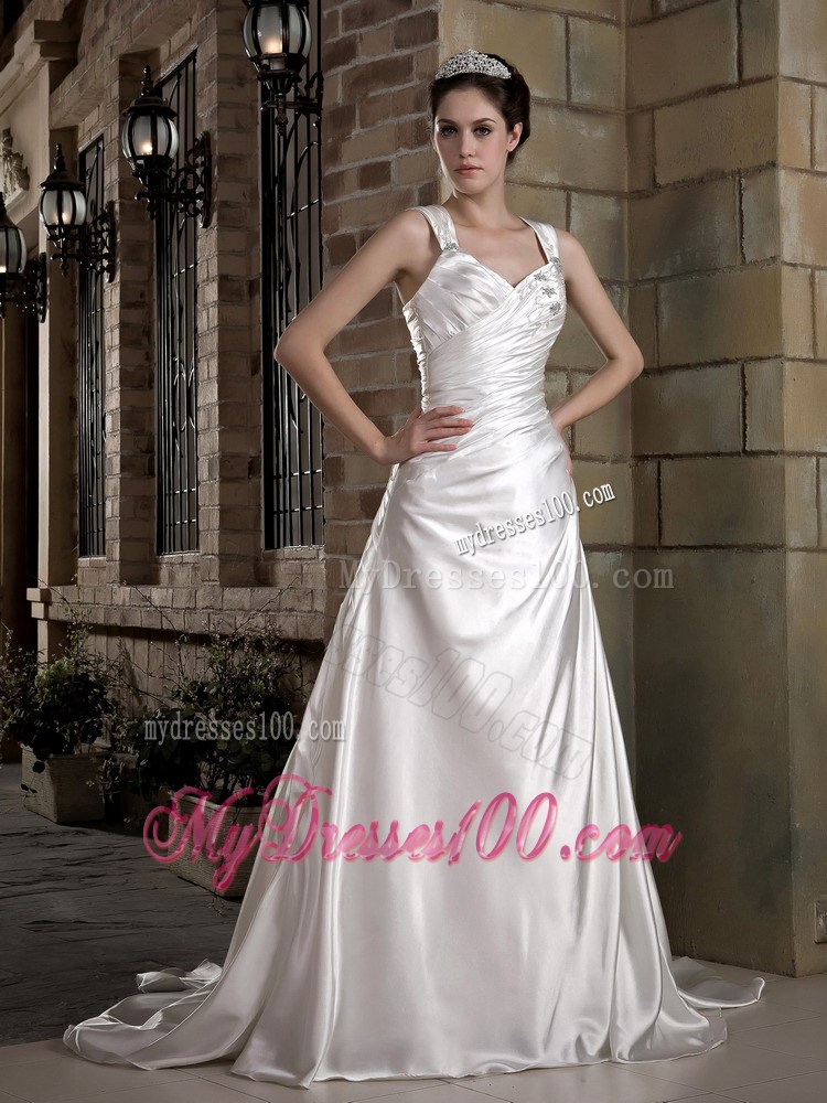 Straps Ruffles White Wedding Dress Chapel Train in the Mainstream